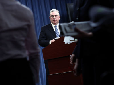 Retired Gen. John Abizaid conducts a briefing at the Pentagon February 28, 2012, in Arlington, Virginia.