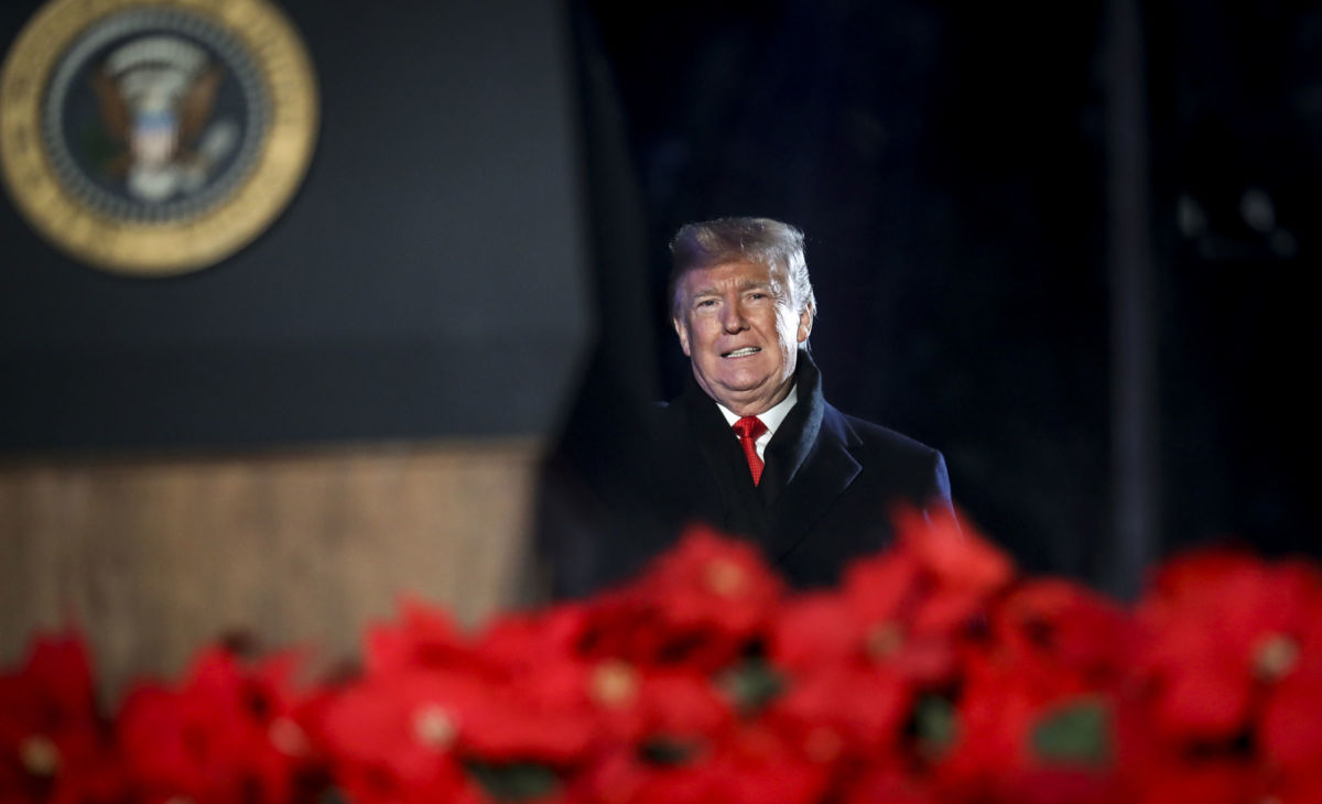 President Donald Trump attends the National Christmas Tree lighting ceremony held by the National Park Service at the Ellipse near the White House on November 28, 2018, in Washington, DC.