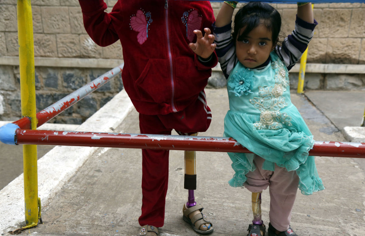 Child war victims from Yemen, who use prosthetic limbs after losing their legs in an airstrike, are seen at a rehabilitation center on October 19, 2018, in Sana’a, Yemen.