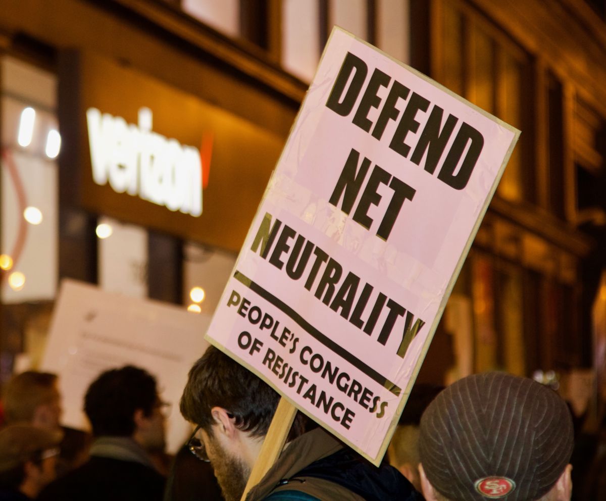 People gather to rally in favor of net neutrality in San Francisco, California, on December 7, 2017.