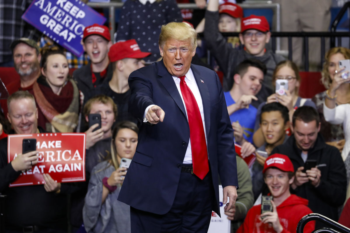 President Trump arrives at a campaign rally for Republican Senate candidate Mike Braun at the County War Memorial Coliseum on November 5, 2018, in Fort Wayne, Indiana.