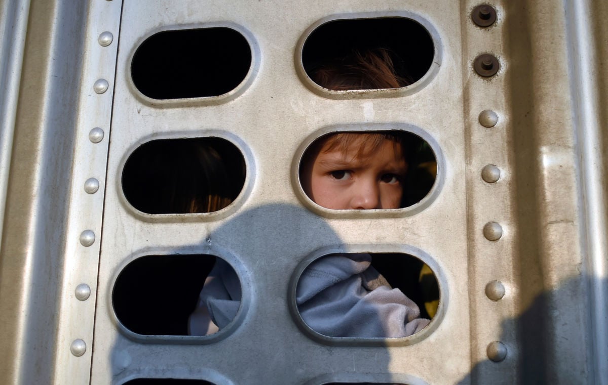 A girl taking part in a caravan of migrants from poor Central American countries — mostly Hondurans — moving toward the United States in hopes of a better life, looks out from the trailer of a truck along the Irapuato-Guadalajara highway in the Mexican state of Guanajuato as they head to Guadalajara on their trek north, on November 12, 2018.