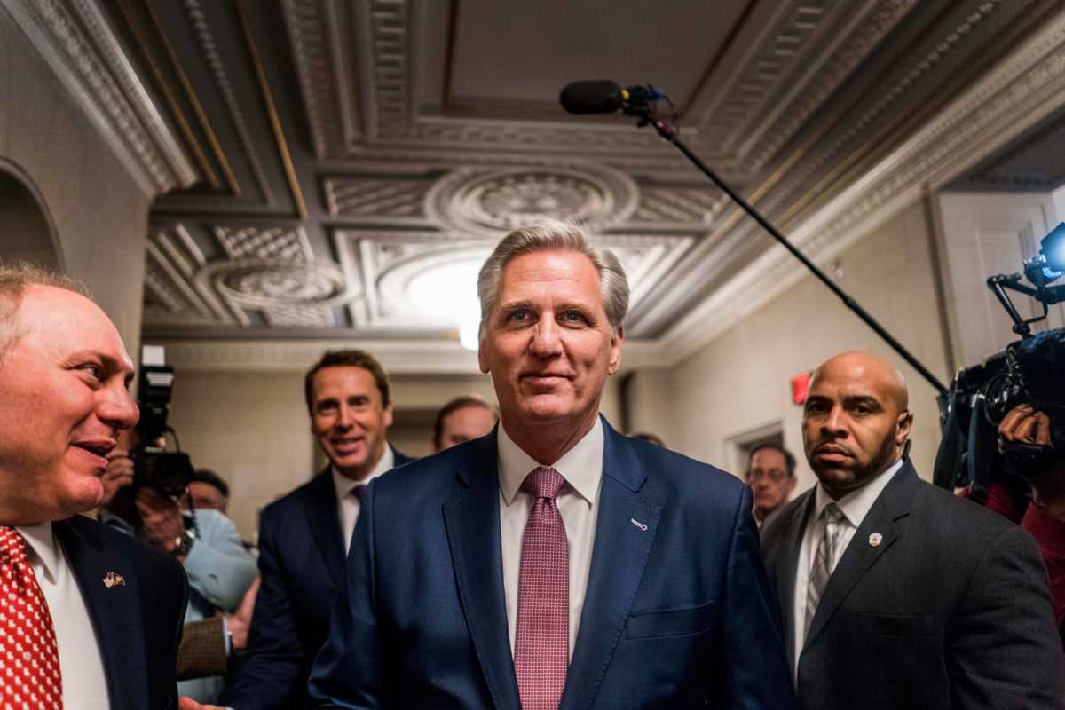 Incoming House Minority Leader Kevin McCarthy (R-California) emerges from the House Republican Conference accompanied by his leadership team to speak to journalists in the Longworth House Office Building on Capitol Hill in Washington, DC, on Wednesday November 14, 2018.