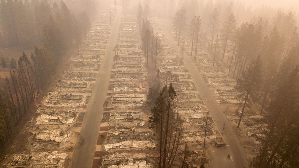 In this aerial photo, a burned neighborhood is seen in Paradise, California on November 15, 2018.