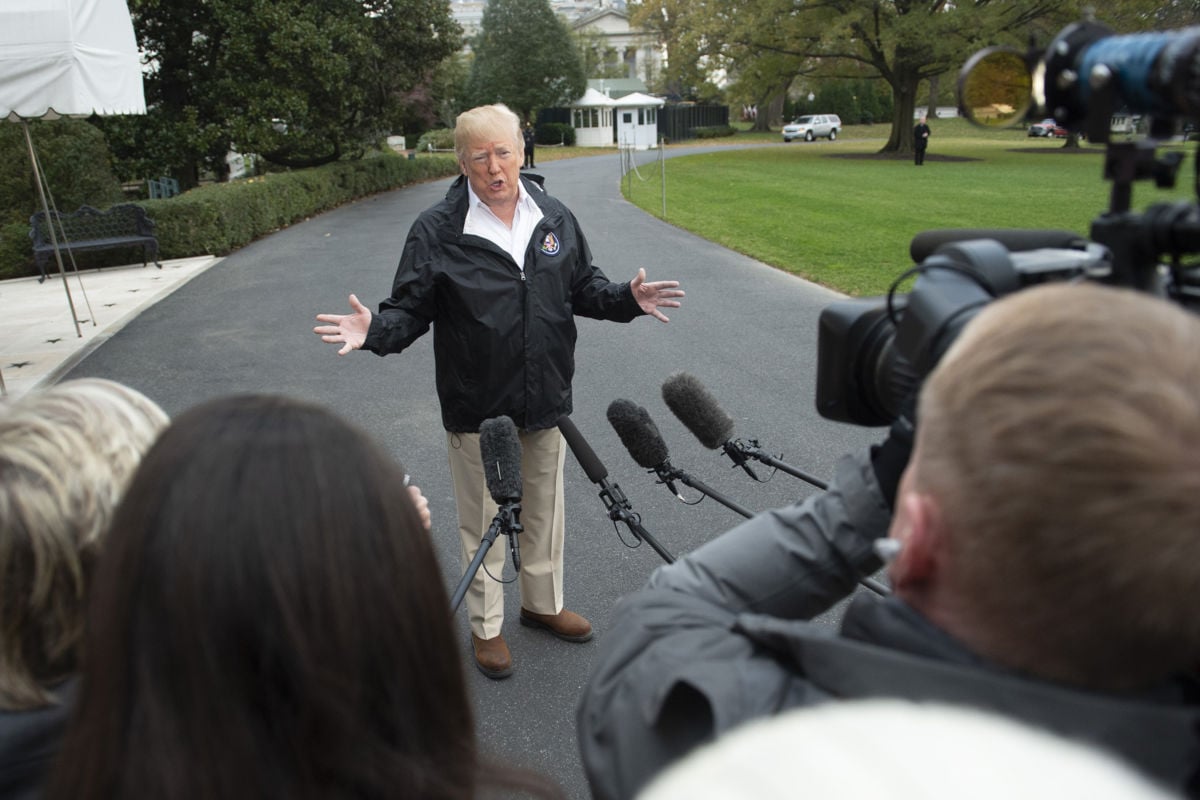 President Trump talks to the press as he leaves the White House in Washington, DC, on November 17, 2018.