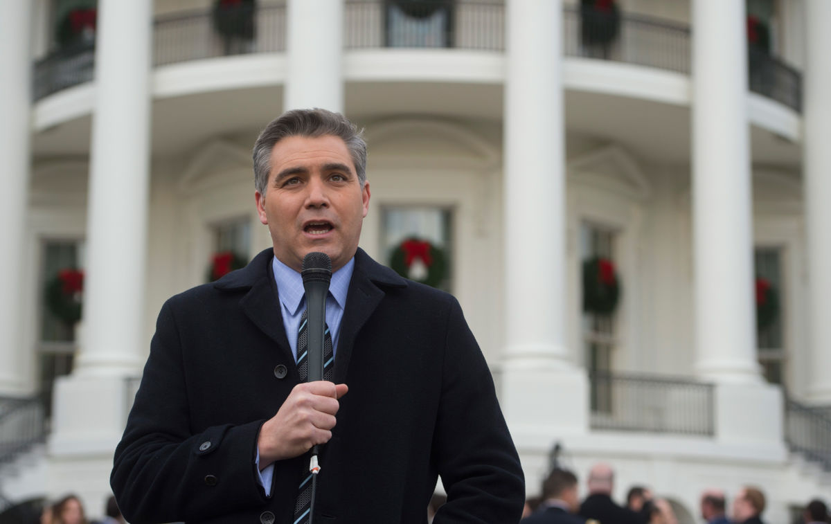 Jim Acosta, senior White House correspondent for CNN, speaks on camera at the South Lawn of the White House in Washington, DC, on December 20, 2017.