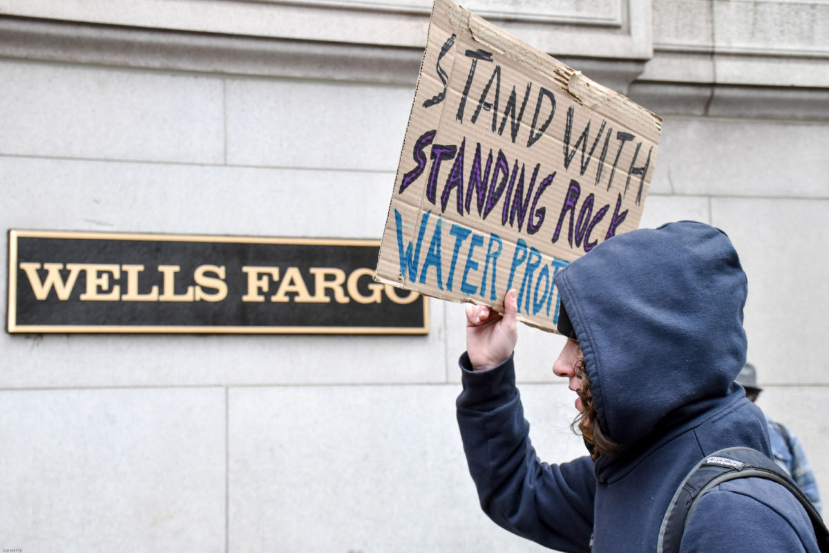 #NoDAPL Protest on February 3, 2018, at Wells Fargo Bank, which invested over $400 million in the Dakota Access Pipeline.