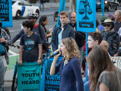 People rallied outside the Ninth Circuit Court of Appeals courthouse in San Francisco in October to show support for the 21 youth suing the government in Juliana v. United States.