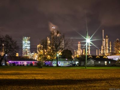 Christmas lights on homes across from the Meraux Refinery in Meraux, Louisiana.