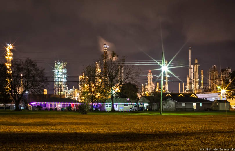 Christmas lights on homes across from the Meraux Refinery in Meraux, Louisiana.