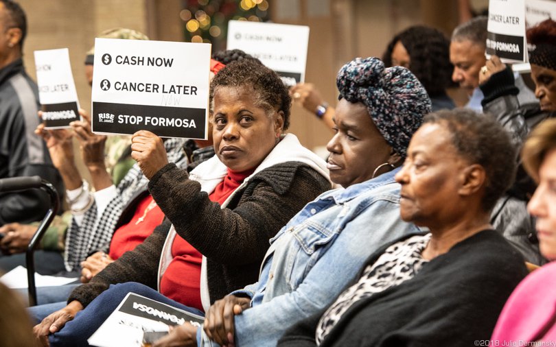 Opponents to Formosa’s proposed petrochemical complex at a St. James Parish Council meeting on December 19, 2018.