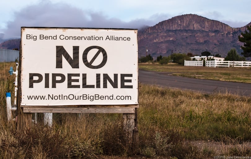An anti-pipeline sign near the Glovers’ residence in Alpine, Texas.
