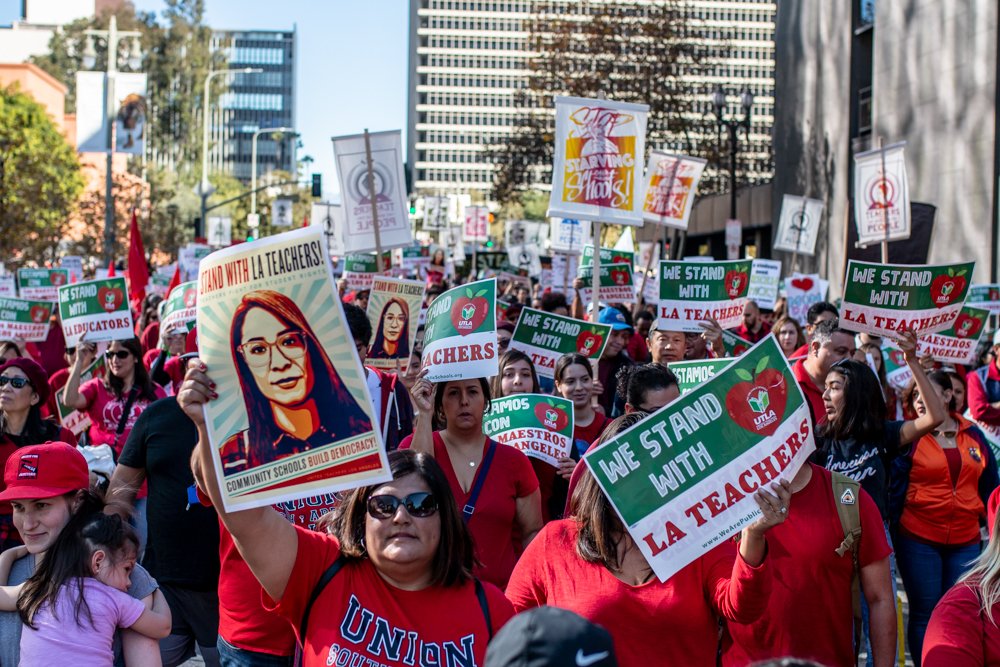 Tens of thousands of public education supporters march through the streets of downtown Los Angeles, CA, on December 15, 2018.