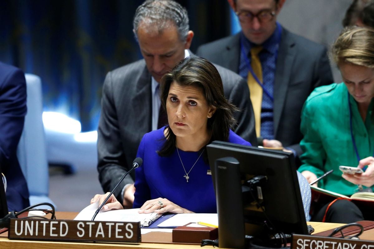 Then US Ambassador to the United Nations Nikki Haley attends a Security Council meeting on the situation in the Middle East including the Question of Palestine at the United Nations Headquarters in New York on October 18, 2018.