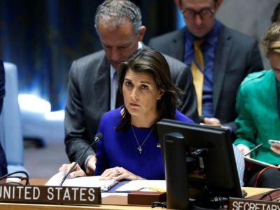 Then US Ambassador to the United Nations Nikki Haley attends a Security Council meeting on the situation in the Middle East including the Question of Palestine at the United Nations Headquarters in New York on October 18, 2018.