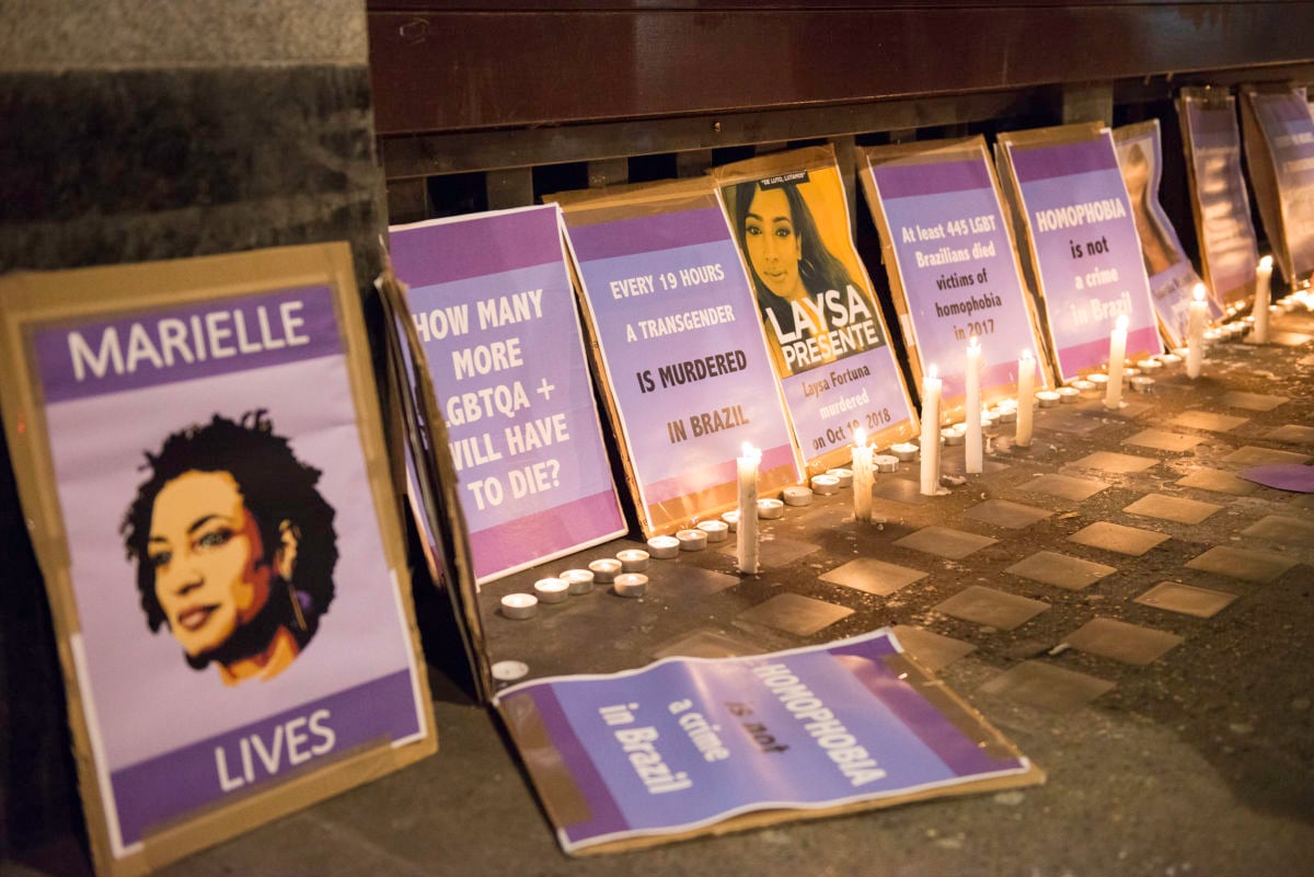 Activists from Brazilian Women Against Fascism UK, gathered outside the Brazilian embassy in London to protest against the election and future government of far right candidate Jair Bolzonaro as president of Brazil. During the vigil, activists paid tribute to victims such as Marielle Franco, a Rio de Janeiro city councilor who was brutally killed in March 2018.