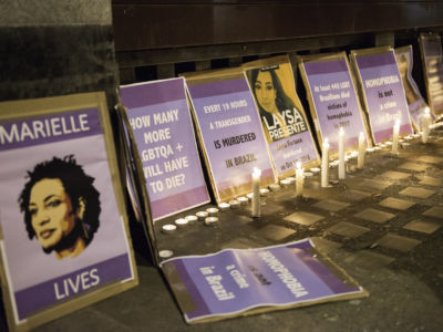 Activists from Brazilian Women Against Fascism UK, gathered outside the Brazilian embassy in London to protest against the election and future government of far right candidate Jair Bolzonaro as president of Brazil. During the vigil, activists paid tribute to victims such as Marielle Franco, a Rio de Janeiro city councilor who was brutally killed in March 2018.