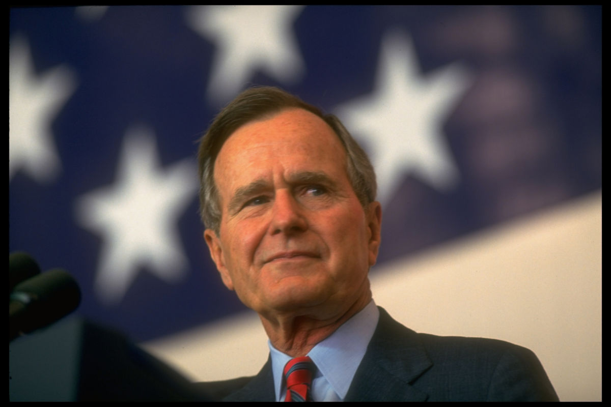 George H.W. Bush delivers a speech at AL Armed Service at War College. in 1991.