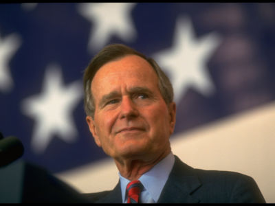 George H.W. Bush delivers a speech at AL Armed Service at War College. in 1991.