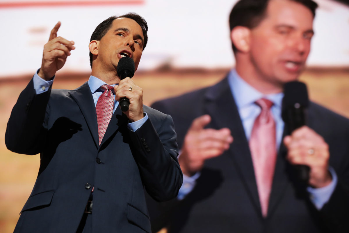 Then Wisconsin Gov. Scott Walker delivers a speech on the third day of the Republican National Convention on July 20, 2016, at the Quicken Loans Arena in Cleveland, Ohio.