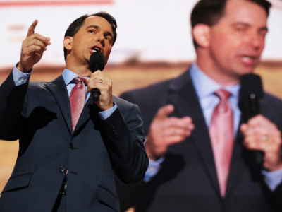 Then Wisconsin Gov. Scott Walker delivers a speech on the third day of the Republican National Convention on July 20, 2016, at the Quicken Loans Arena in Cleveland, Ohio.