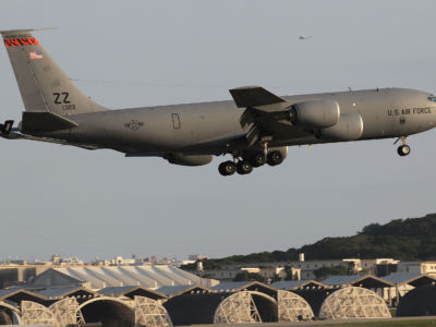 US Air Force KC135 aircraft taxis to take off at the Kadena Air Base on February 25, 2010 in Kadena, Japan.