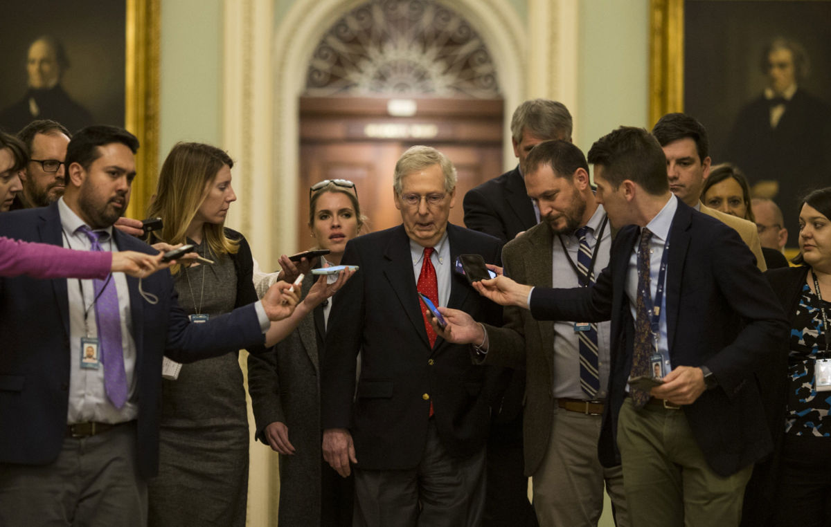 Senate Majority Leader Mitch McConnell (R-Kentucky) walks to his office at the Capitol Building on January 2, 2019, in Washington, DC.