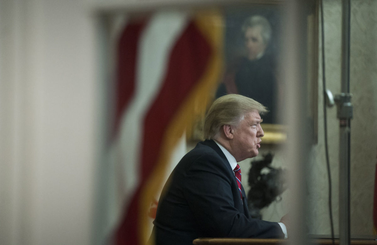 President Trump speaks to the nation in his first prime-time address from the Oval Office of the White House on January 8, 2019, in Washington, DC.
