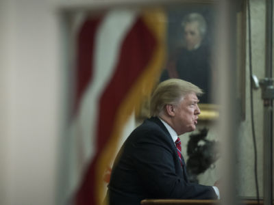 President Trump speaks to the nation in his first prime-time address from the Oval Office of the White House on January 8, 2019, in Washington, DC.