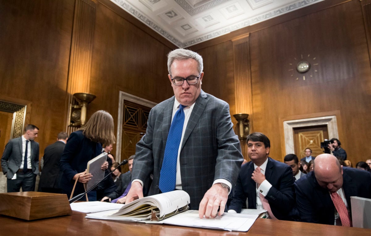 Andrew Wheeler, acting administrator at the Environmental Protection Agency, prepares to testify during a Senate Committee on Environment and Public Works hearing on August 1, 2018. Wheeler has gutted fuel efficiency standards, rolled back carbon emissions rules and deregulated mercury emissions.