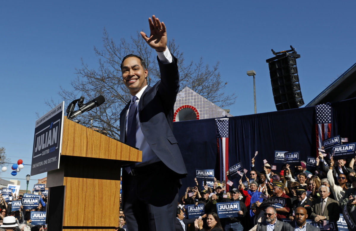 Julian Castro, former US Department of Housing and Urban Development Secretary and San Antonio Mayor, announces his candidacy for president in 2020 at Plaza Guadalupe on January 12, 2019, in San Antonio, Texas.