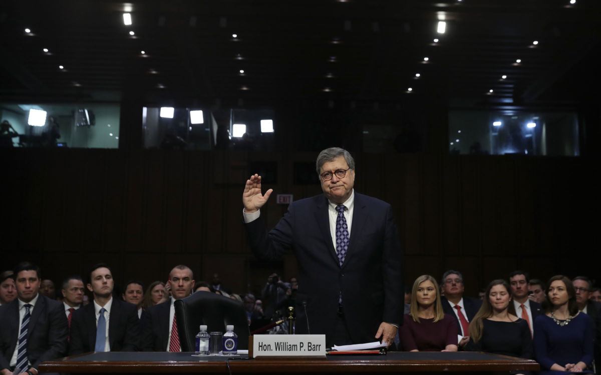 Attorney General nominee William Barr is sworn in prior to testifying at his confirmation hearing before the Senate Judiciary Committee January 15, 2019, in Washington, DC.