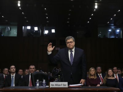 Attorney General nominee William Barr is sworn in prior to testifying at his confirmation hearing before the Senate Judiciary Committee January 15, 2019, in Washington, DC.