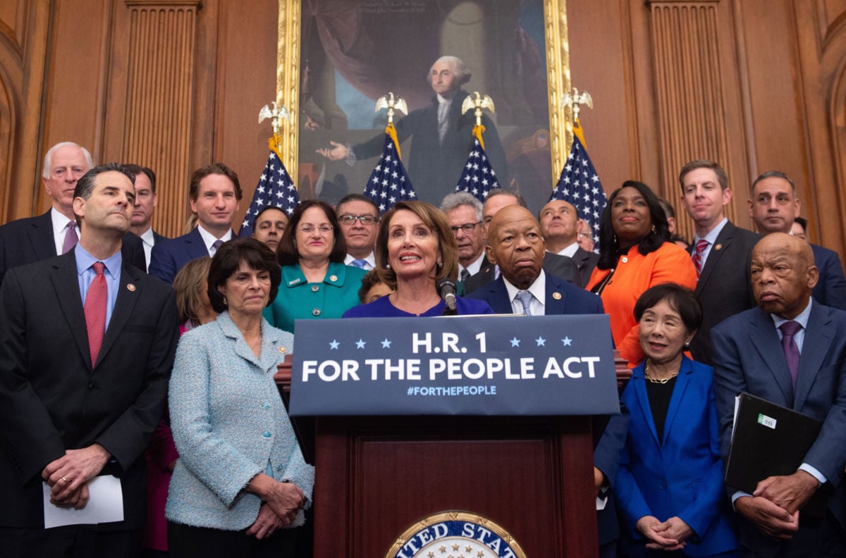 Speaker of the House Nancy Pelosi speaks alongside Democratic members of the House about H.R.1, the 'For the People Act,' at the US Capitol in Washington, DC, January 4, 2019.