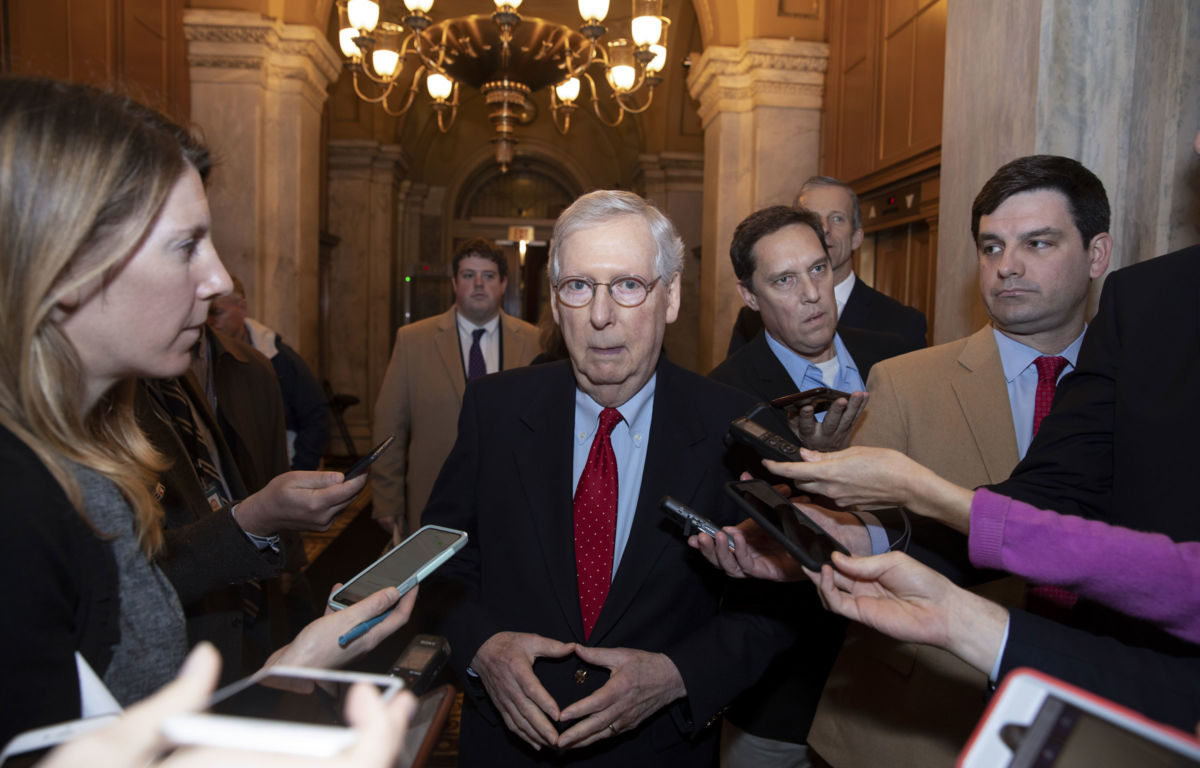 Senate Majority Leader Mitch McConnell speaks to reporters on Capitol Hill after returning from the White House on January 2, 2019, in Washington, DC.