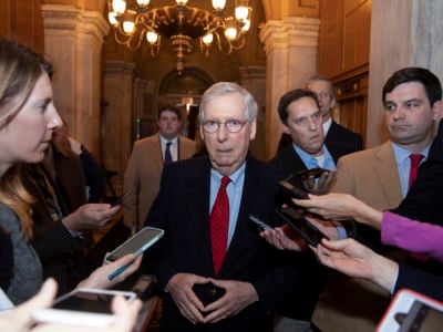 Senate Majority Leader Mitch McConnell speaks to reporters on Capitol Hill after returning from the White House on January 2, 2019, in Washington, DC.