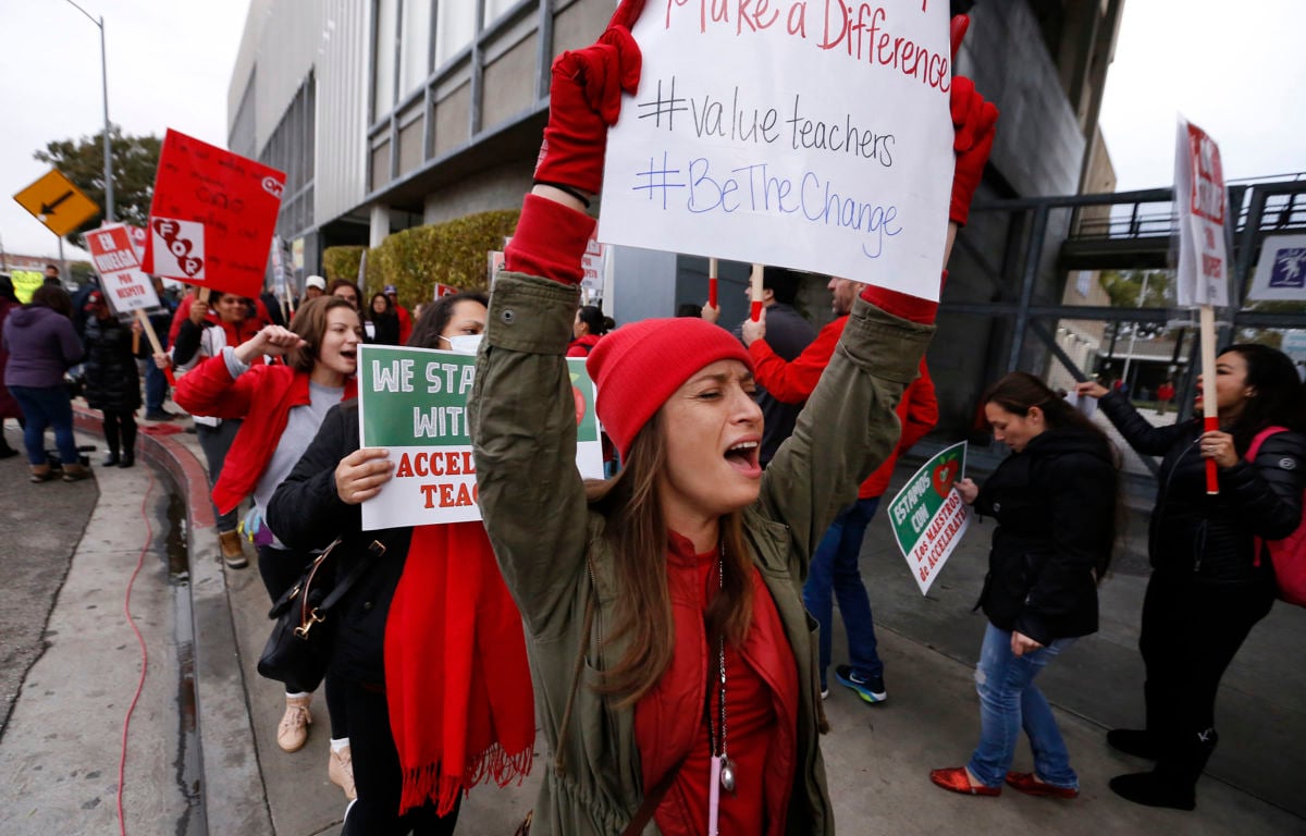 Teachers picket on the second day of the Los Angeles school teachers strike on January 15, 2019, in Los Angeles, California.