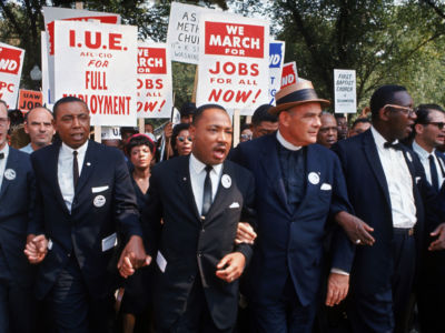 Leaders of March on Washington for Jobs & Freedom marching with signs (R-L) Rabbi Joachim Prinz, unident., Eugene Carson Blake, Martin Luther King, Floyd McKissick, Matthew Ahmann & John Lewis.