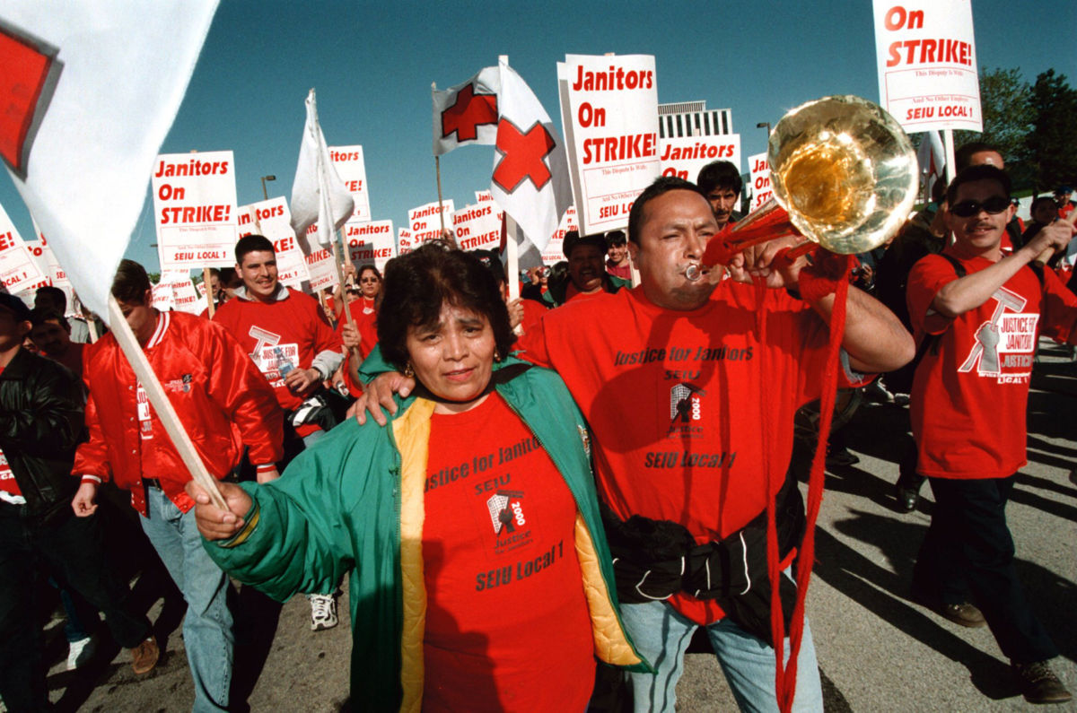 Striking suburban janitors of the Service Employees International Union at a mass rally in Oak Brook, Illinois, April, 25, 2000, Salvadoran immigrants in California were pivotal in building "Justice for Janitors" in 1990.