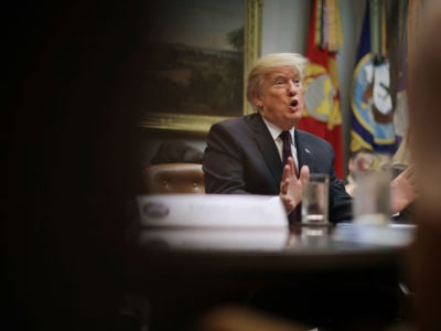 President Trump delivers remarks to reporters in the Roosevelt Room at the White House, January 23, 2019, in Washington, DC.
