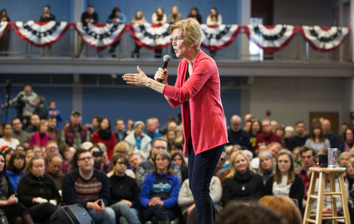 Sen. Elizabeth Warren speaks during a New Hampshire organizing event for her 2020 presidential exploratory committee at Manchester Community College on January 12, 2019, in Manchester, New Hampshire.