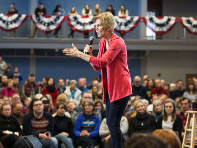 Sen. Elizabeth Warren speaks during a New Hampshire organizing event for her 2020 presidential exploratory committee at Manchester Community College on January 12, 2019, in Manchester, New Hampshire.