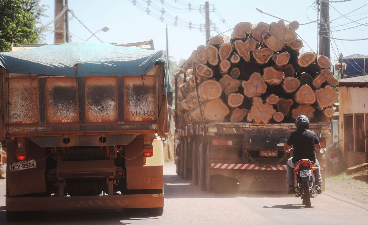 A logging truck hauls Amazon timber in a deforested section of the Amazon rainforest on June 26, 2017, in Porto Velho, Brazil.