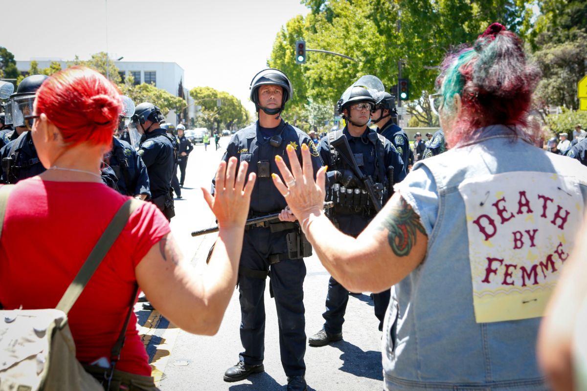 Police block counterprotesters from entering Martin Luther King Civic Center Park, where a far-right rally took place on August 5, 2018, in downtown Berkeley, California.