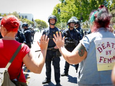 Police block counterprotesters from entering Martin Luther King Civic Center Park, where a far-right rally took place on August 5, 2018, in downtown Berkeley, California.