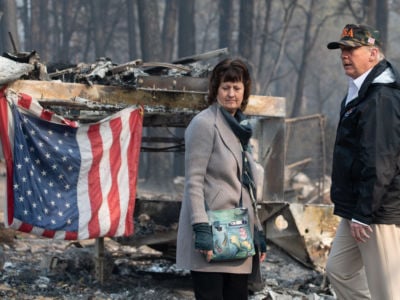 President Trump and Paradise Mayor Jody Jones view damage from the Camp Fire in Paradise, California, on November 17, 2018.