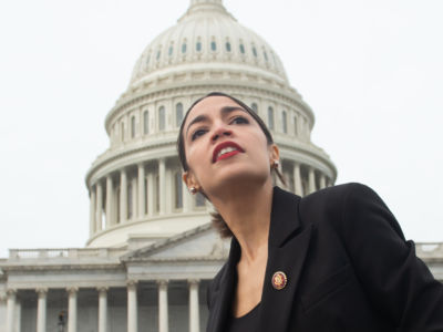 US Representative Alexandria Ocasio-Cortez, Democrat of New York, leaves a photo opportunity with the female Democratic members of the 116th US House of Representatives outside the US Capitol in Washington, DC, January 4, 2019.