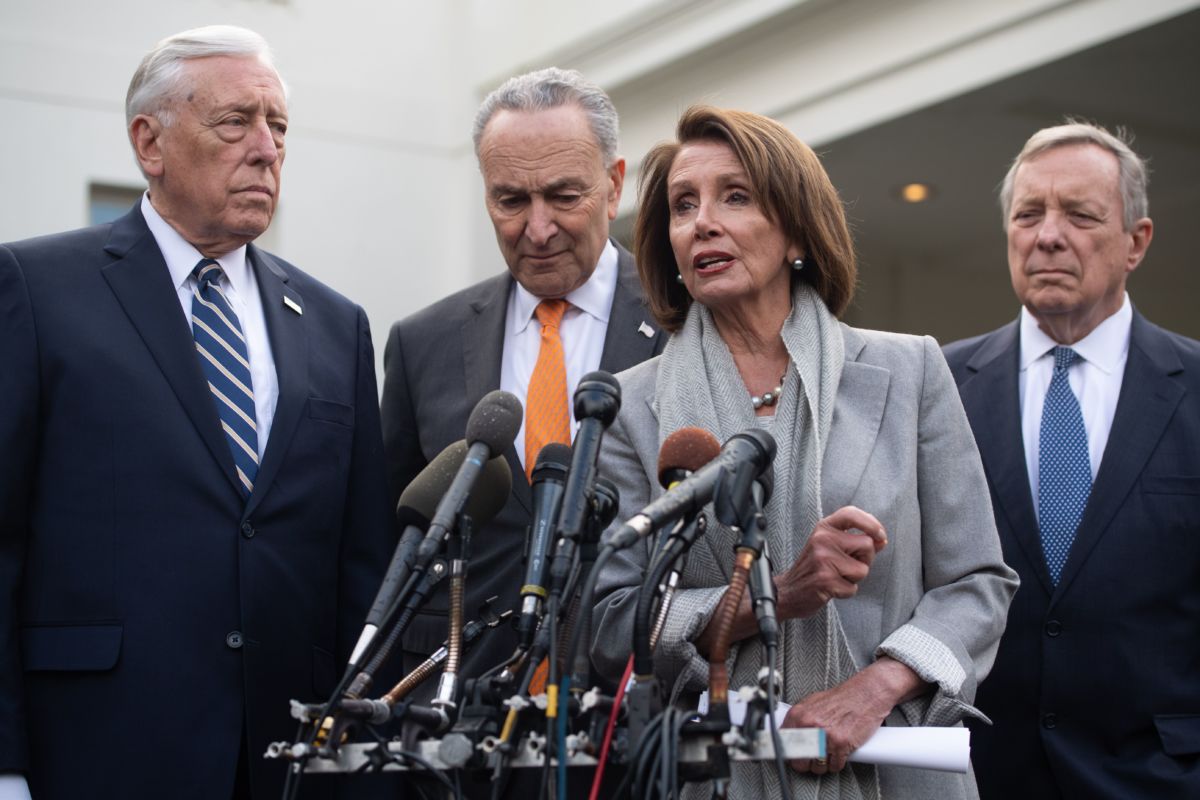 US Speaker of the House Nancy Pelosi, Senate Democratic Leader Chuck Schumer, House Democratic Whip Steny Hoyer and Senate Democratic Whip Dick Durbin speak to the media following a meeting with US President Donald Trump about the partial government shutdown at the White House in Washington, DC, January 9, 2019.