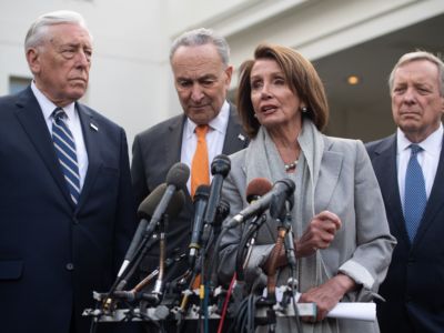 US Speaker of the House Nancy Pelosi, Senate Democratic Leader Chuck Schumer, House Democratic Whip Steny Hoyer and Senate Democratic Whip Dick Durbin speak to the media following a meeting with US President Donald Trump about the partial government shutdown at the White House in Washington, DC, January 9, 2019.