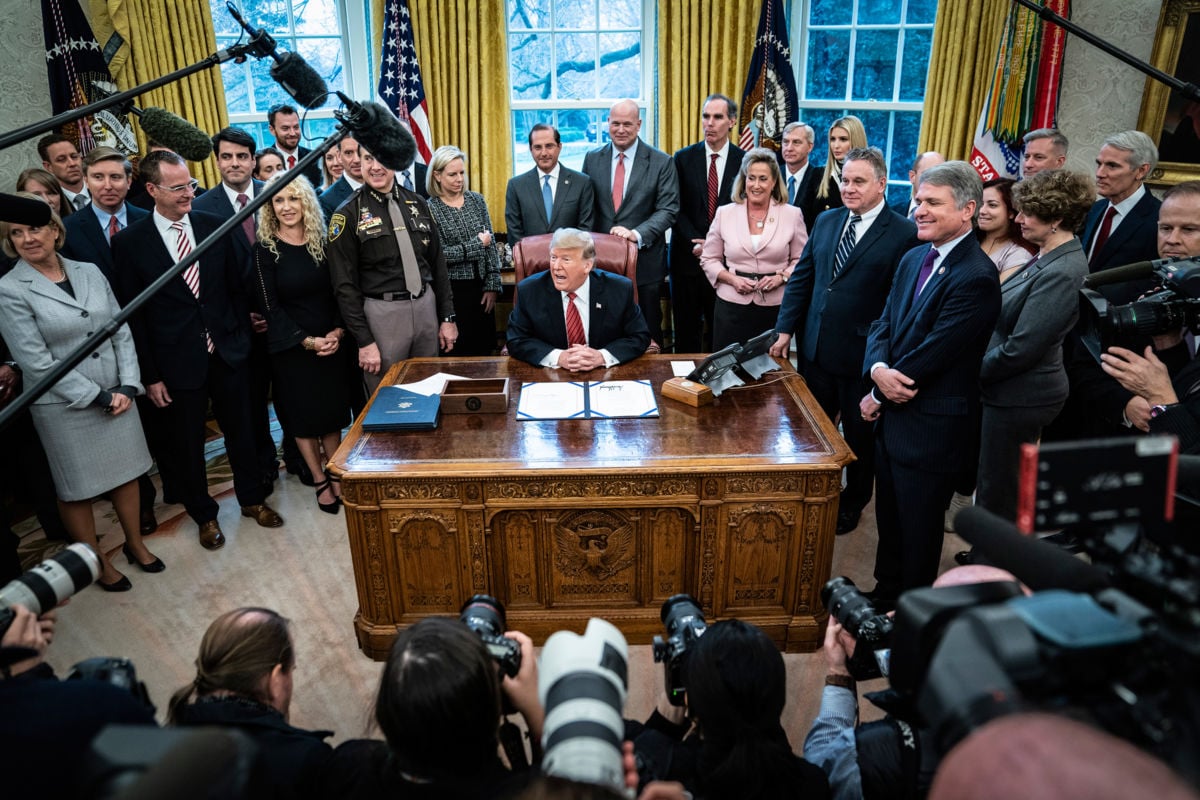 President Trump participates in a signing ceremony for anti-human trafficking legislation in the Oval Office on the 19th day of the partial government shutdown at the White House on Wednesday, January 9, 2019, in Washington, DC.